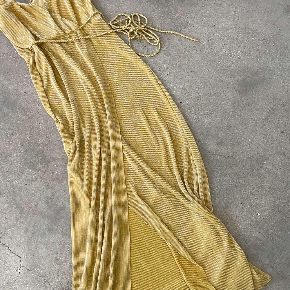 Yellow Pleated Metallic Maxi Wrap Split Dress - image 5